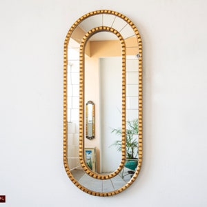 Narrow Large Oval mirror 27.6" tall for wall decor, Peruvian Accent Decorative Gold leaf Wood Long Mirror, Vintage Narrow Mirror room decor