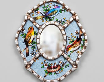 Bird Accent Oval Mirror Miniature With Silver Leaf Wall Decor - Peruvian Hand Painted Glass Fine Art - Gift for Her | USA No Duties