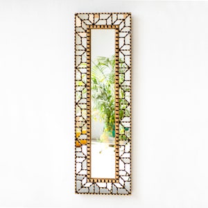 Peruvian Large skinny Gold Wall Mirror 39.9&quot;tall for Home Wall Decor horizontal | Geometric Long thin mirror for living room decor, bathroom