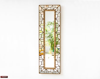 Espejo de pared peruano grande, delgado y dorado, de 90 cm de alto, para decoración de paredes del hogar, horizontal, geométrico, para sala de estar y baño.