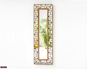 Peruvian Large skinny Gold Wall Mirror 39.9"tall for Home Wall Decor horizontal | Geometric Long thin mirror for living room decor, bathroom