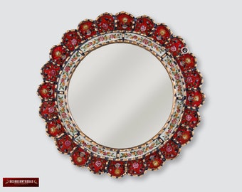 Decorative Round Mirror For wall 17.7in "Flowers on Red", Peruvian Wall Accent Mirror for wall decor, Painting on glass Hanging Wall Mirror