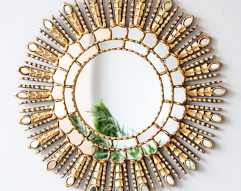 Gold Sunburst Wall Mirror 23.6" - Luxury Peruvian Decor - Mothers Day Gift - Handcrafted Wood Bronze Leaf Mirror | USA/CA No  Duties