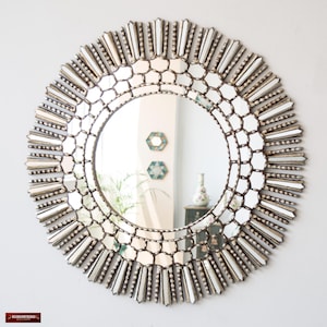 Large Silver Sunburst Mirror 30" | Peruvian Round Wall Mirror for Entryway | Full Glass Mosaic Hand Carved Wood Mirrors Decor |USA No Duties