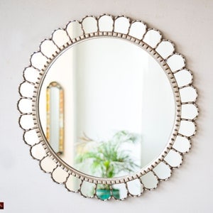 Silver Large Round Mirror 23.6&quot; Wall art home decoration, Bathroom | Peruvian Accent Wall mirror with gold Leaf | Home gifts christmas decor