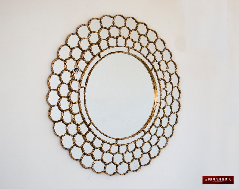 Large Gold Round Wall Mirror 31.5 from Peru, Gold leaf wood framed mirror Sunny Day, Bathroom mirror for wall decorative, Vintage Mirror image 3