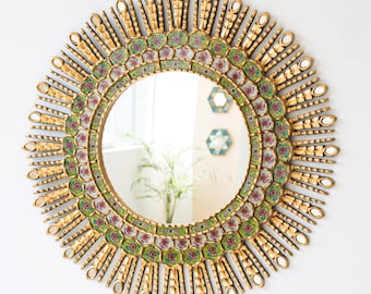 Large Gold Sunburst Mirror 30" Floral | Peruvian Reverse Painted Glass Art, Green Decor, Hand Carved Wood Round Mirror |USA/Canada No Duties