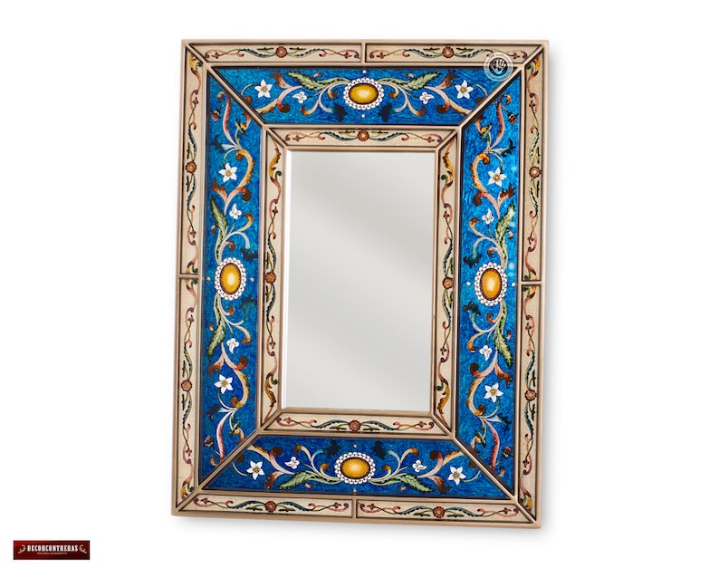 Peruvian Blue Decorative Mirror Arts Crafts Wall Vanity Hand Painted Glass Wood Rectangular Mirrors