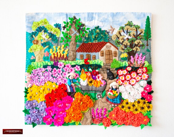 Arpillera Quilted Wall Hanging 17.7"x19.7" from Peru, 3D patchwork art work, Holiday gift, Embroidered appliques of fabric, "Flowers Garden"