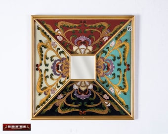 Decorative Square wall Mirror with gold color wood frame, Peruvian Ornate Accent Mirror "Peru Colonial", Painting on Glass Mirror for wall