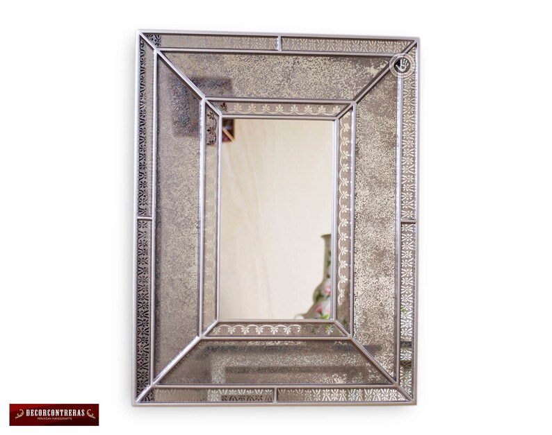 Handmade Verre Eglomise Silver Wall Mirror Peruvian Wood Rectangular Mirrors Arts Crafts Large For Vanity