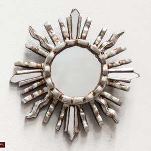 Small Silver Sunburst Mirror for wall decor, Peruvian Hand-carved Wood Round mirror 6&quot; for room decor, living room, Vintage Accent Mirror