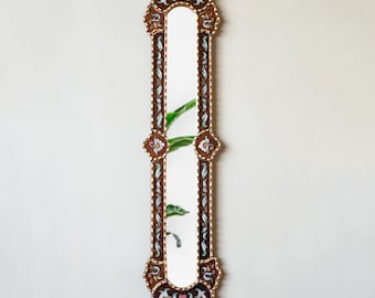 Narrow Hanging mirror home wall | Antique Gold frame mirror glas wall art| Peruvian Handpainted glass Long mirror for living room decoration