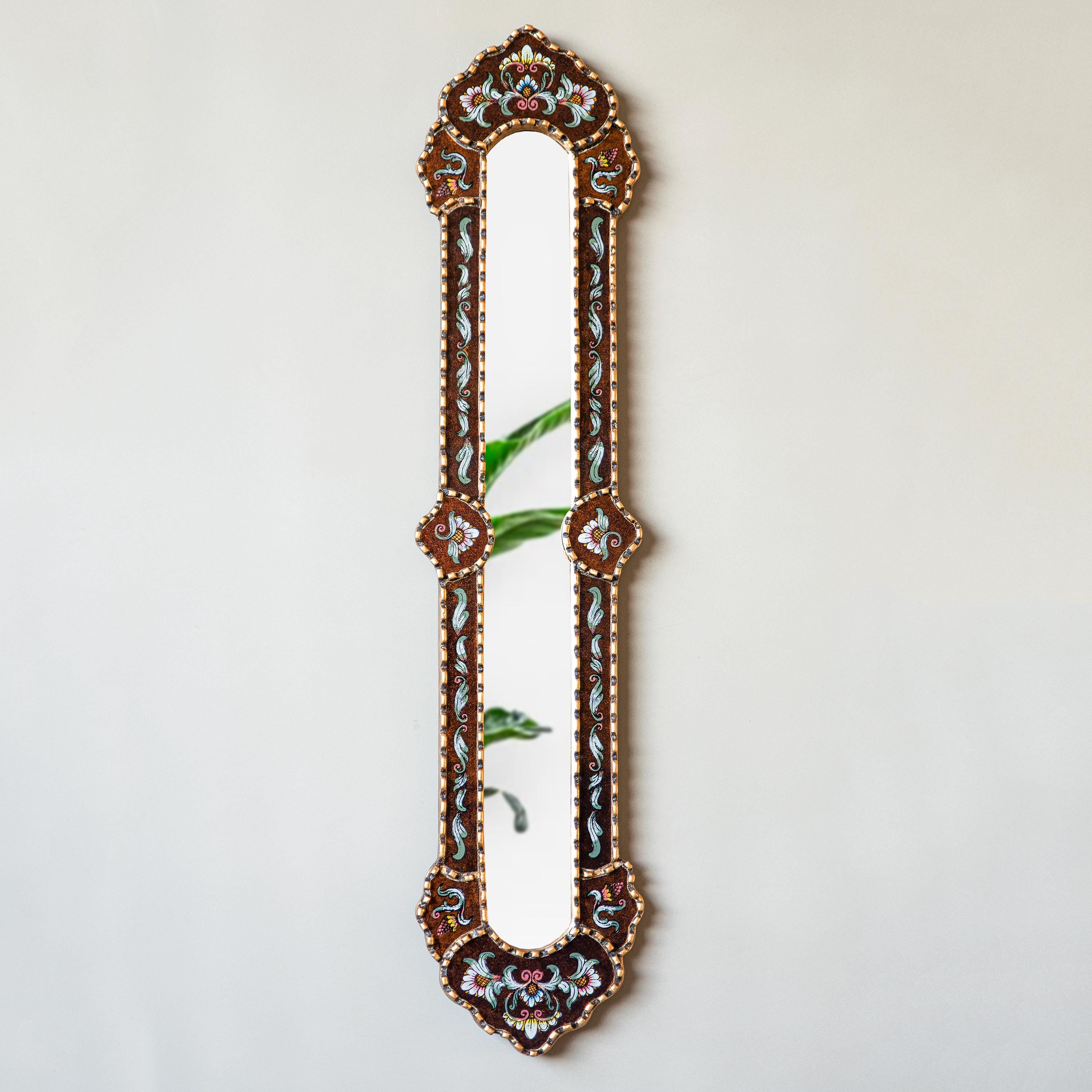 Long Skinny Mirror Wall Decor - Handmade Walnut Narrow Mirror for Bedroom, Living Room - Accent Mirror Home Decor - Peruvian Painted Glass