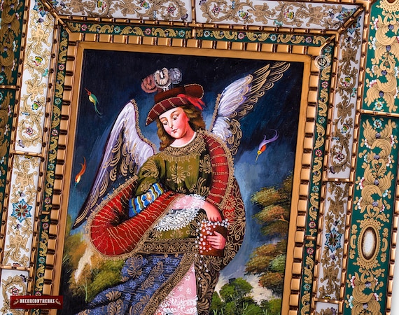 大天使ウリエル、木製天使画、ペルーのガラスフレーム絵画、ペルーの
