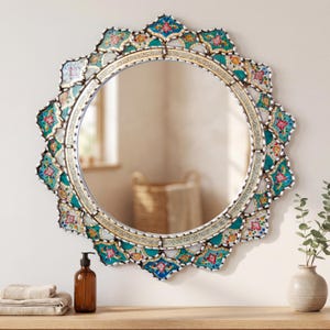 Round Peruvian Mirror 23.6" or Oval - Silver Leaf Wall Decor - Boho Bathroom Accent Mirror - Traditional Painted Glass | USA No Duties
