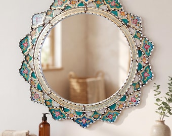 Ronde Peruaanse spiegel: 23,6" of ovaal - wanddecoratie bladzilver - boho badkameraccentspiegel - traditioneel beschilderd glas | VS geen plichten