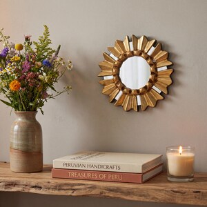 Gold Small Mirror 6" - Hand-Carved Peruvian Bronze Leaf Art for Gallery Wall - Unique Mothers Day Gift for Her | USA No Duties image 3