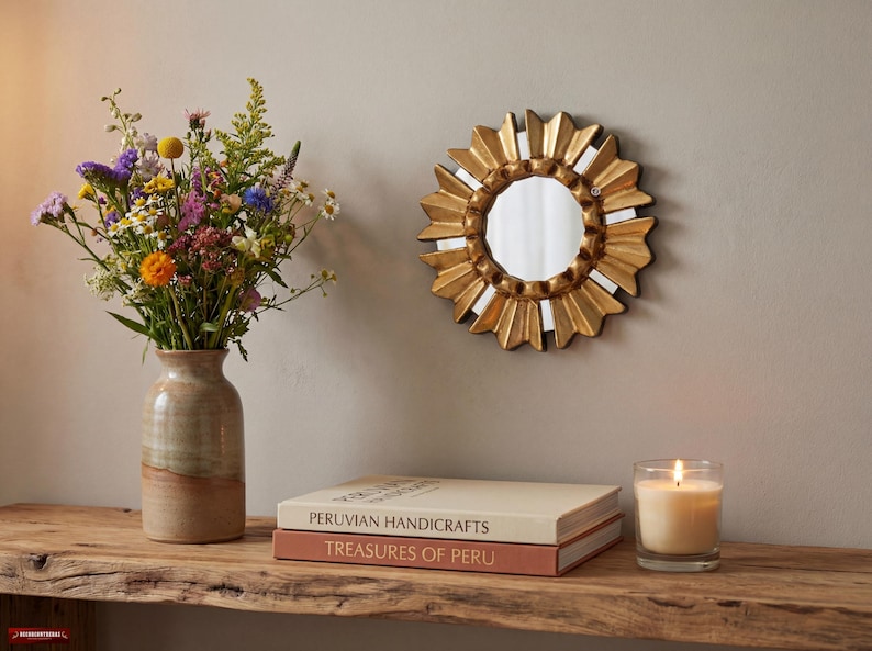 Gold Small Mirror 6" - Hand-Carved Peruvian Bronze Leaf Art for Gallery Wall - Unique Mothers Day Gift for Her | USA No Duties image 3