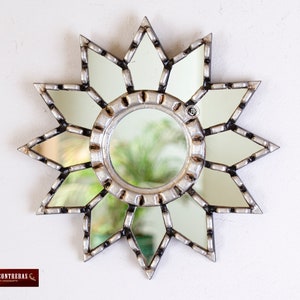 Peruvian silver Round Wall Mirror 9.8&quot;, Small Accent Mirror for wall decor, Silver leaf Star wall mirror for living room &quot;Starry Silver&quot;