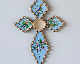 Handmade Cross Wall Decor - Christian Wall Art with Peruvian Hand-Painted Glass - Catholic Gift -  Wooden Cross  - Religious Home Decor