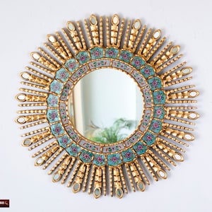 Gold Decorative Sun Mirror 23.6" from Peru, Ornate Turquoise Round Mirror "Turquoise Sun", Peruvian Sunburst wall mirror for wall decorative