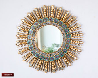 Vintage Sunburst Mirror for Wall Decor, living room | Gold Decorative Round Mirror |Peruvian Hand-Painted Glass with Turquoise & Bronze Leaf