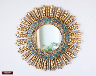 Gold Decorative Sun Mirror 23.6" from Peru, Ornate Turquoise Round Mirror "Turquoise Sun", Peruvian Sunburst wall mirror for wall decorative