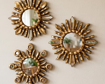 Artisan Sunburst Mirror Gold Set 3 - Small Round Wood Wall Decor - Vintage Inspired Gallery Wall Accent - Gift for New Home | Ships from USA