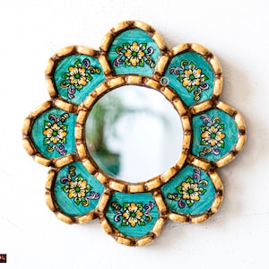 Espejo circular turquesa decorativo para pared, ideal para la sala de estar / Espejo redondo colgante de vidrio pintado peruano / Envíos desde EE. UU./Canadá