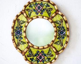 Handmade Wall Hanging oval mirror 6in | Peruvian Hand- Painted glass mirror for wall living room decor, Entryway | Unique gifts for her, mom