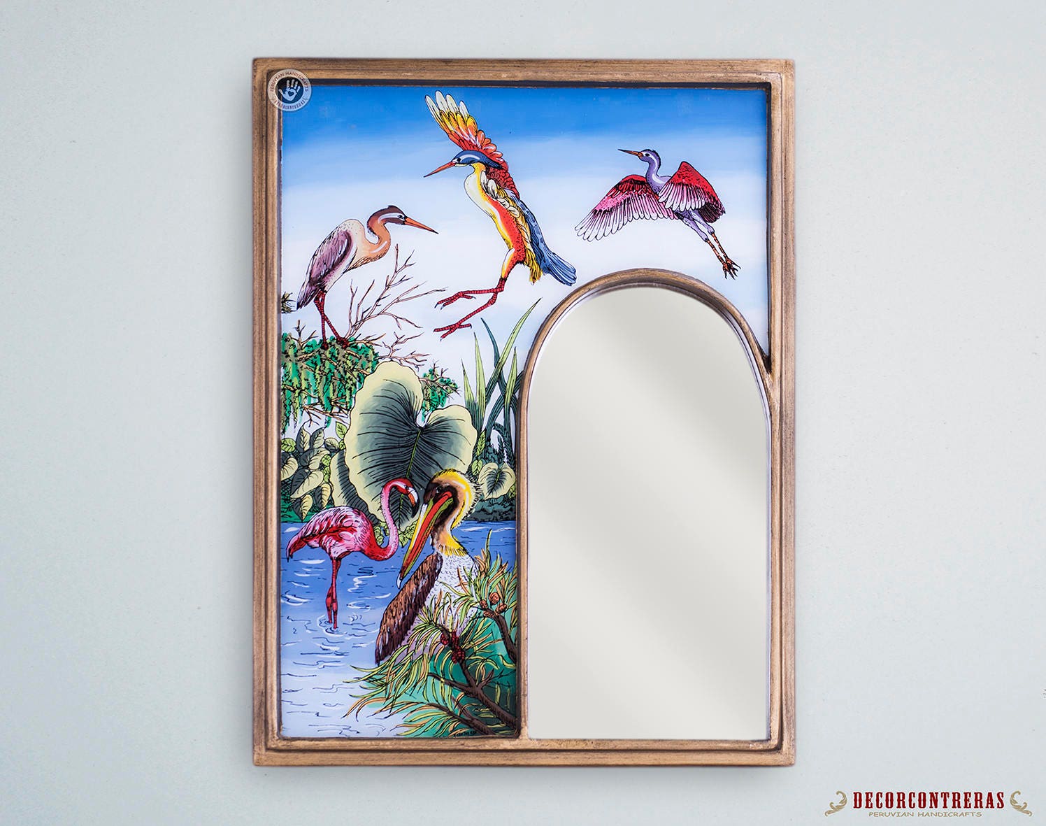 Flamingos Wall Mirror Hand Painted Glass Wood 50