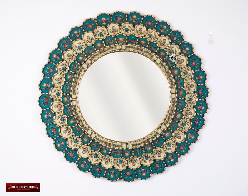 Details About Peruvian Round Wall Mirror 31 5 Gold Wood Framed Bluish Turquoise