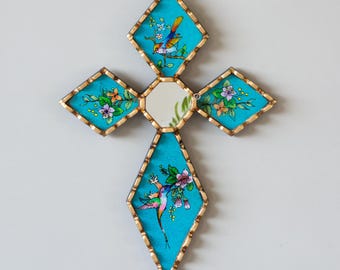 Handmade Turquoise Cross Wall Decor from Peru– Christian Home Decor – Catholic Gift – Handpainted glass & Wooden Cross – Catholic Home Decor