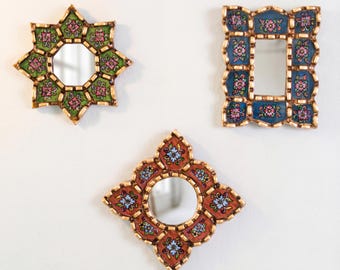 Set of 3 Small Wall Mirrors 6", Vintage Style Decor, Bronze Leaf, Peruvian Hand Painted Glass for Gallery Wall - USA/Canada No Duties