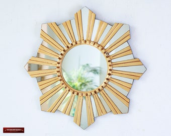 Peruvian Gold Round Mirror 17.7" for wall , Ornate Accent Wall Mirror decorative "Cuzco Sun", Contemporary wood mirror for living room