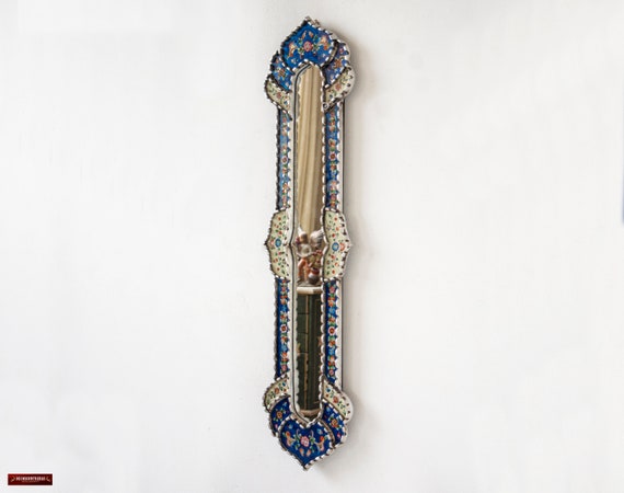 Blue Long Narrow wall mirror 35.4"H | Painting on glass Long Mirror for home wall room decor, living room | Silver leaf wood framed Mirrors