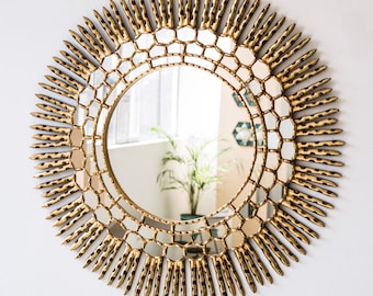 Large Gold Sunburst Mirror 30" - Hand carved Bronze Leaf Wood Decor - Peruvian Round Mirror for Living Room | USA/Canada No Duties