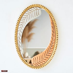 Peruvian Oval Mirror for Wall | Boho Decor | Minimalist Wall Hanging Mirror with Gold, silver & Bronze leaf | Modern Hand-Carved Wood Mirror
