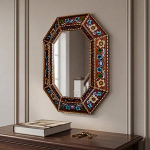 Grote gouden achthoekige bolle spiegel 29"- Peruaanse handgeschilderde glazen bloemenwanddecoratie kunst aan de muur - luxe woonkameraccentstuk | VS Geen verplichtingen afbeelding 4