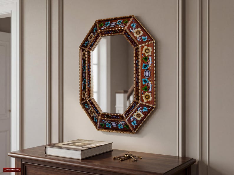 Grote gouden achthoekige bolle spiegel 29"- Peruaanse handgeschilderde glazen bloemenwanddecoratie kunst aan de muur - luxe woonkameraccentstuk | VS Geen verplichtingen afbeelding 4