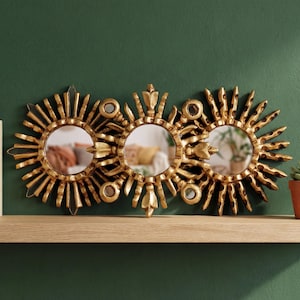 Gold Sunburst Mirror Set 3 - Small Wall Mirrors 6" - Handcarved Wood Starburst - Vintage Style Home Refresh Gallery Wall Art |Ships from USA image 4