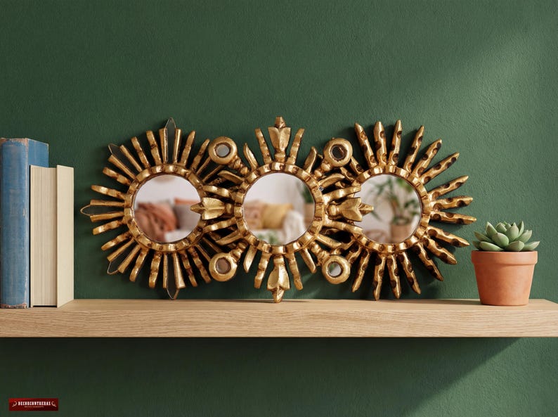 Gold Sunburst Mirror Set 3 - Small Wall Mirrors 6" - Handcarved Wood Starburst - Vintage Style Home Refresh Gallery Wall Art |Ships from USA image 4