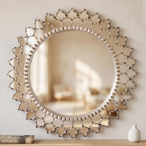 Oversized Round Silver Leaf Mirror 27.6" - Peruvian Hand Cut Petals - Living Room Wall Decor | USA No Duties