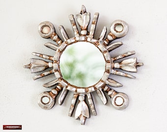 Peruvian Silver Sunburst Mirror 6" for wall decor, Hand-carved Wood Round small mirror for room decor, living room, Vintage style Mirror
