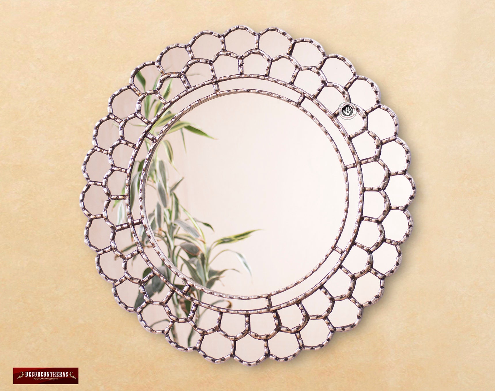 Peruvian Silver Round Mirror 23 6in Wood Framed Wall Mirrors Bathroom For Decorative Cuzcaja Decor