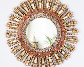 Red Gold Sunburst Mirror Wall Decor - Peruvian Hand Painted Glass Round Mirror - Mothers Day Gift - 23.6" Artisan Art | USA/CA  No Duties