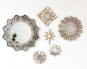 Handmade Decorative Wall Mirrors Set of 6 | Hand-Painted Glass from Peru | Vintage-Style Decorative Wall Mirrors for living room, entryway