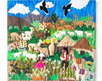 Peruvian Wall Hanging Quilt - Patchwork wall art tapestrie - Embroidered appliques of Fabric wall hanging - Cotton Blend Nature Patchwork