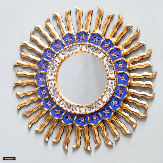 Handmade Gold Sunburst Mirror Wall Decor | Peruvian Round Mirror | Decorative Bathroom Mirror | Farmhouse Home Decor and Gifts